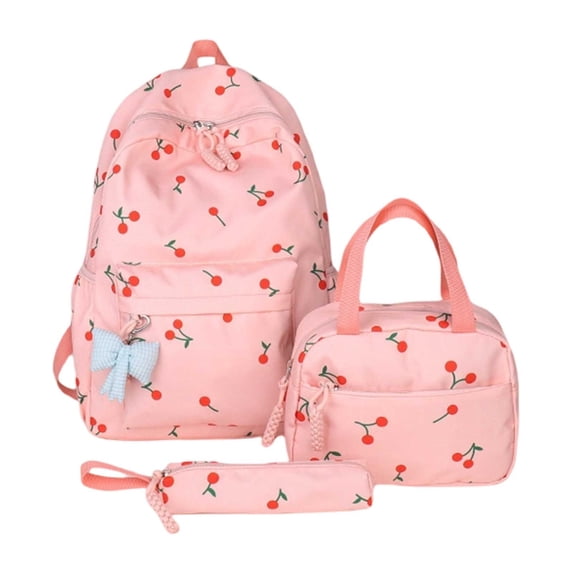 Cherry Print Backpack Set 3 in 1 Lightweight Multi‑Compartment Casual Daypack with Insulated Lunch Tote & Pouch Storage Backpack with Bow Pendant for Daily Commute Travel Casual Outings