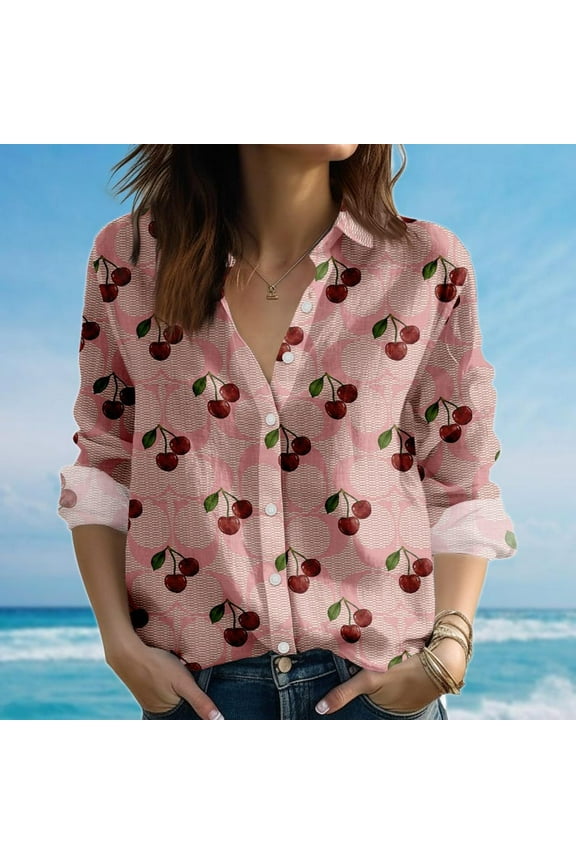 Cherry Print Blouse Shirt, Cute Summer Women Shirt, Pink Fruit Graphic Long Sleeve Shirt, Button Down Shirt For Vacation Trip, Gift For Her