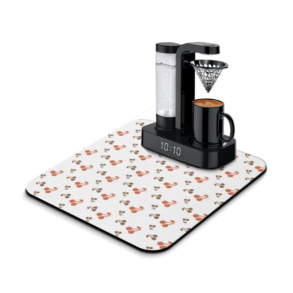Cherry Print Coffee Station Mat - 4-Layer Non-Slip Absorbent Pad, Cherry Illustration Design for Coffee Bar & Office Beverage Setup