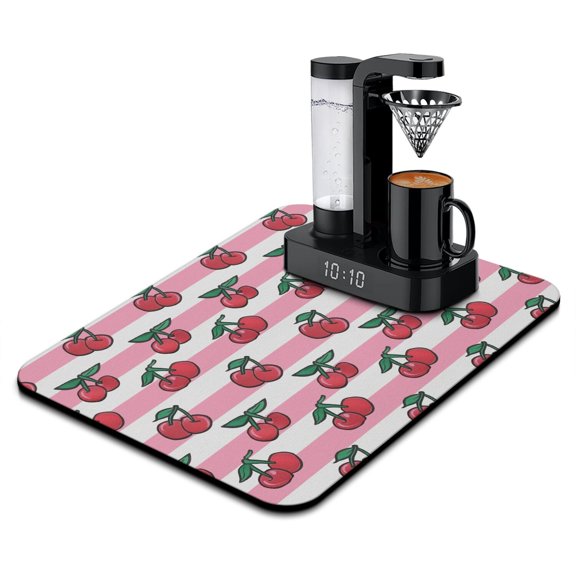 Cherry Print Coffee Station Mat - 4-Layer Non-Slip Absorbent Pad, Cherry Illustration Design for Coffee Bar & Office Beverage Setup