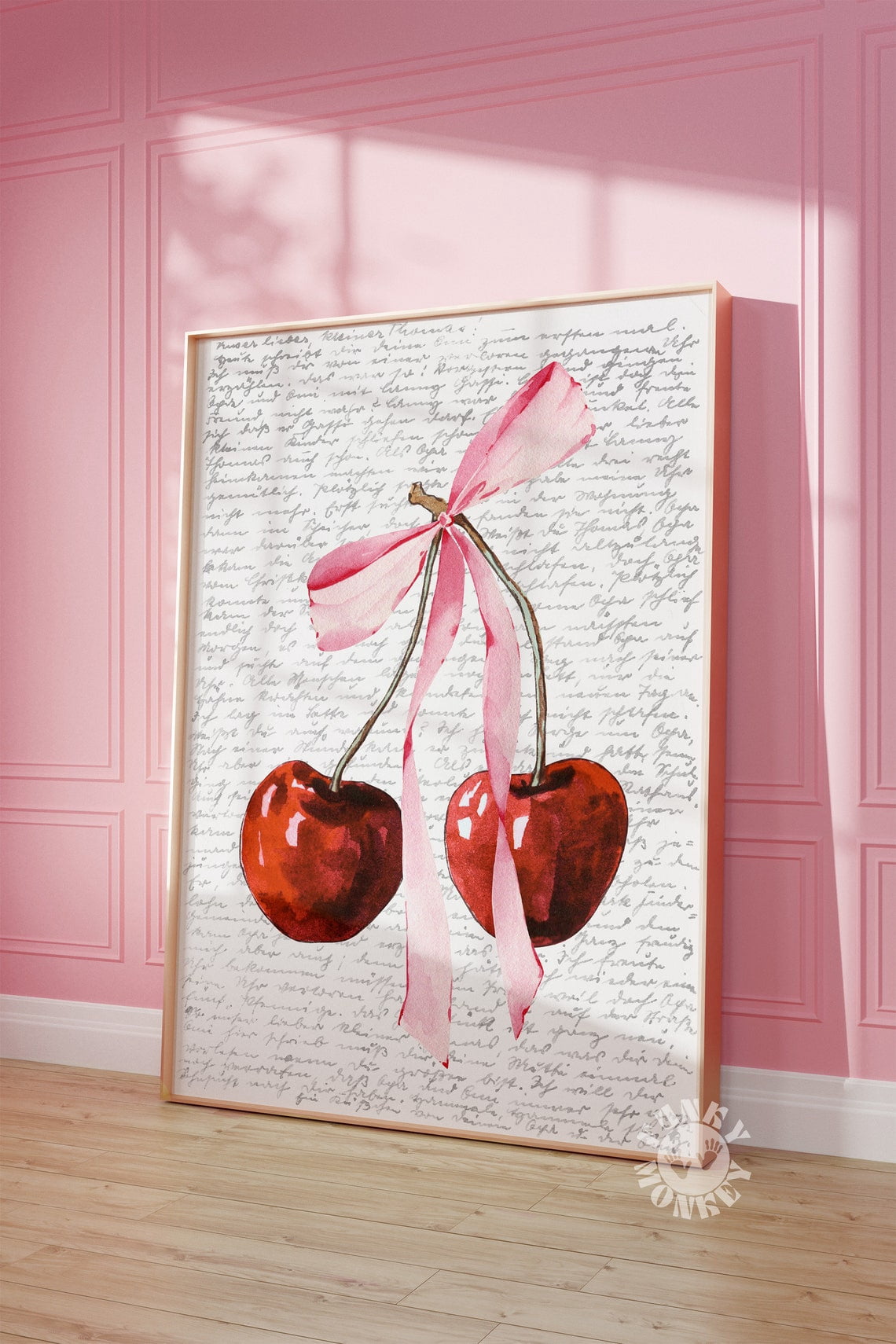 Cherry Print, Pink Bow Coquette Wall Art, Unframed Paper Poster 16x20in ...