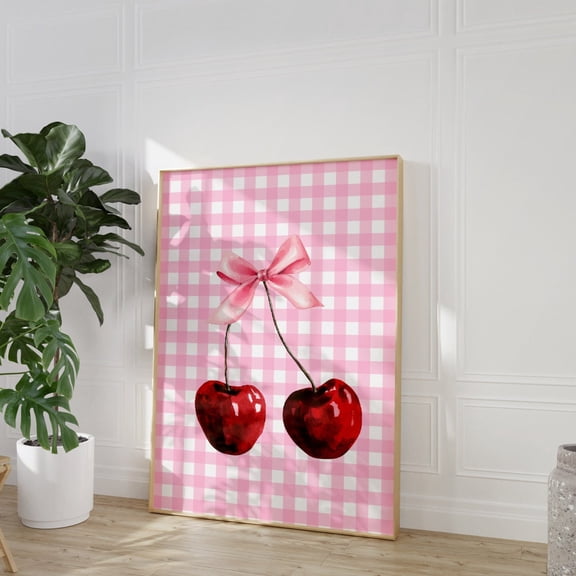 Cherry Print Pink Checkered Art Retro Funky Gingham Decoration Unframed Paper Print