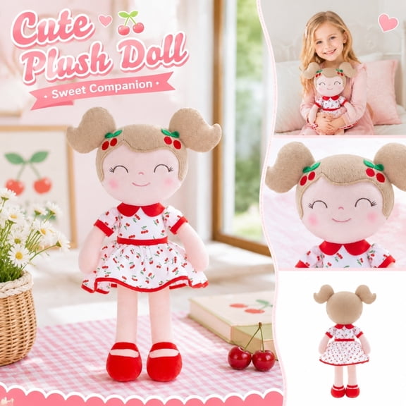 Cherry Print Plush Doll Soft Sweet Girl Stuffed Figure with Red Pigtail Bows Fruit Pattern Dress Rag Doll Easter Birthday Gift for Little Girls