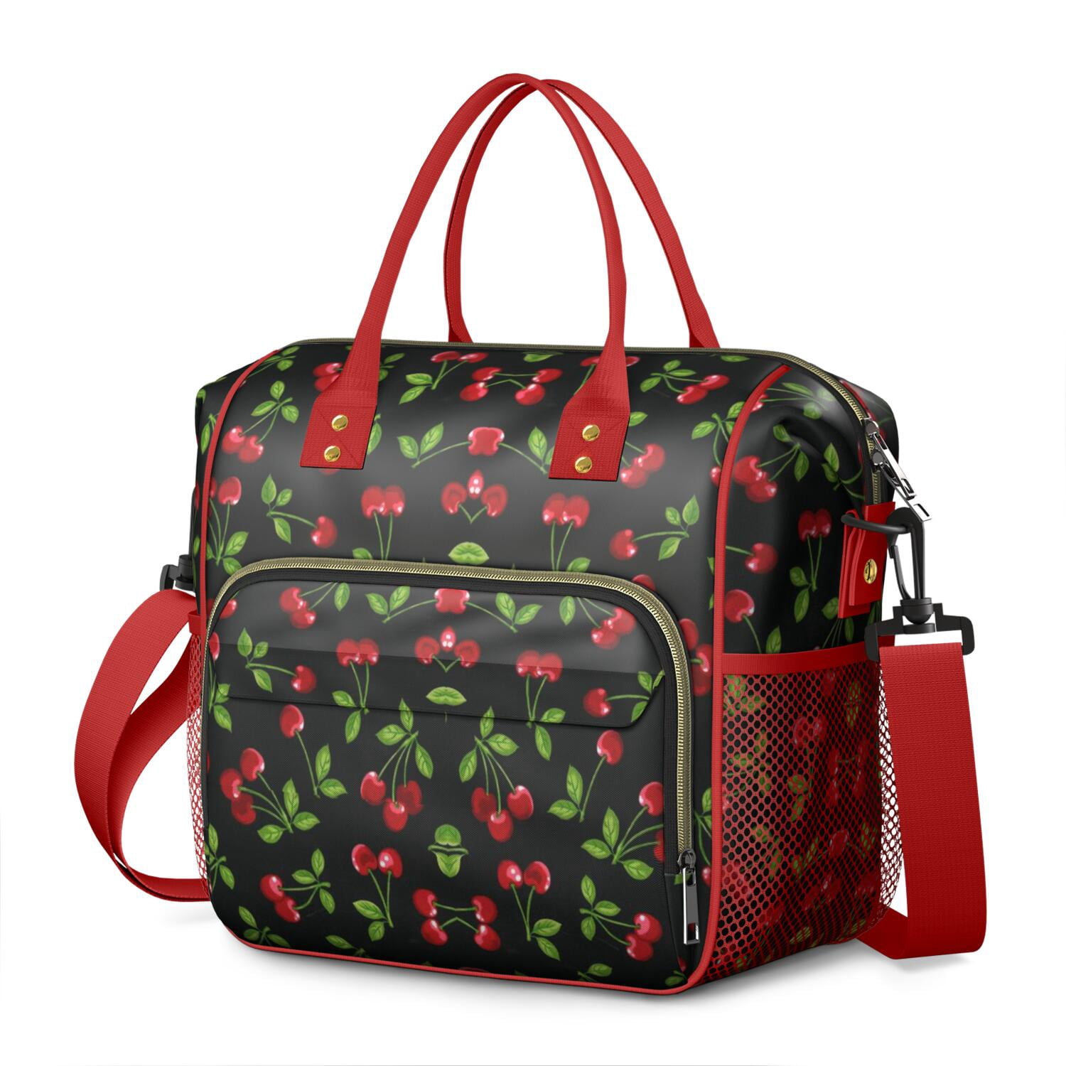 Cherry Print Reusable Lunch Tote Waterproof Leakproof Large Lunch Box Dual Insulated with Adjustable Strap & Multi pockets Perfect for Office & Outdoor Use