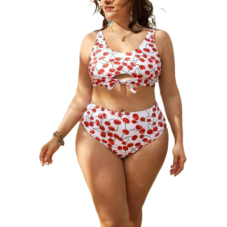 Cherry Print Scoop Neck Red and White Plus Size Bikini Sets Women s Plus
