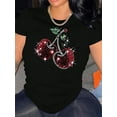 thumbnail image 1 of Cherry Print Short-Sleeve T-Shirt - Casual Crew Neck Tee with Medium Stretch - Polyester Spandex Blend, Seasonless Geometric Pattern Fashion Top for Women, 1 of 5