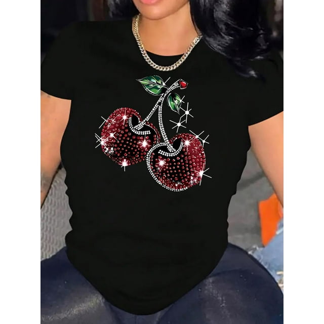 Cherry Print Short-Sleeve T-Shirt - Casual Crew Neck Tee with Medium Stretch - Polyester Spandex Blend, Seasonless Geometric Pattern Fashion Top for Women
