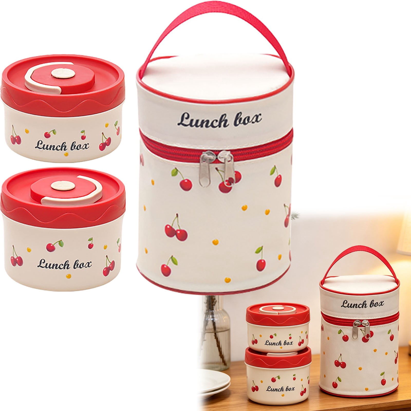 Container Kitchen Kit Cherry Print Stainless Steel Lunch Box Set,600ml Plus 600ml Leak Proof ...