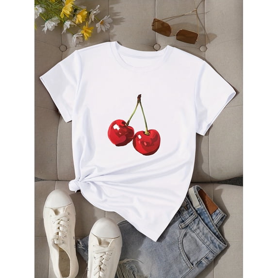 Cherry Print T-shirt, Short Sleeve Crew Neck Casual Top for Summer & Spring, Women's Clothing