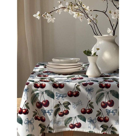 Cherry Print Tablecloth White Cotton-Like Polyester Rectangular Kitchen Dining Table Cover