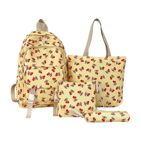 Cherry Printed Backpack 4 Pieces Nylon Bag Set Multi Compartment Daypack With Crossbody Bag Pen Case Tote Bag For Adult College Student Campus Commute Work Daily Short Travel Use