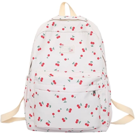 Cherry Printed Casual Backpack, Floral Pattern Lightweight Daypack, Multi Pocket Nylon Travel Rucksack, Adjustable Strap Fashion Carry Backpack, Soft Fabric Commuter Backpack, Cute Outdoor Pack