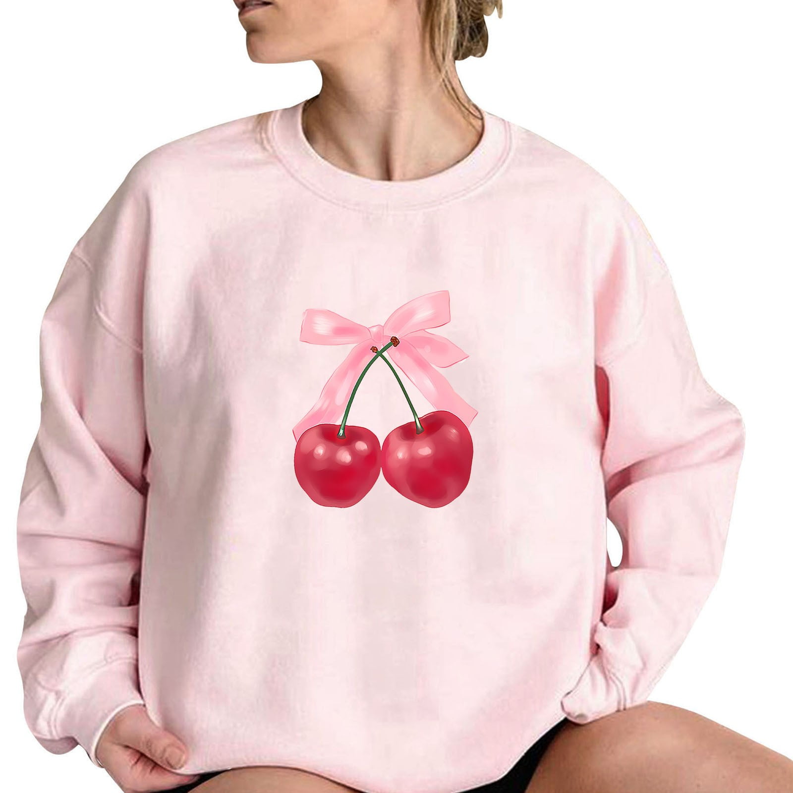 Cherry Printed Cute Pink Sweatshirts for Women Teen Girls