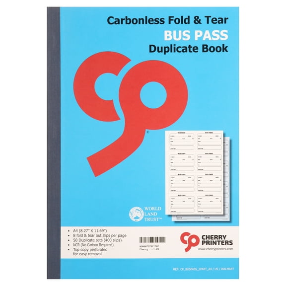 Cherry Printers | Bus Pass | Fold and Tear | Duplicate Book | 2 part | Carbonless | 400 slips Per Book | A4 - 8.27" x 11.69"