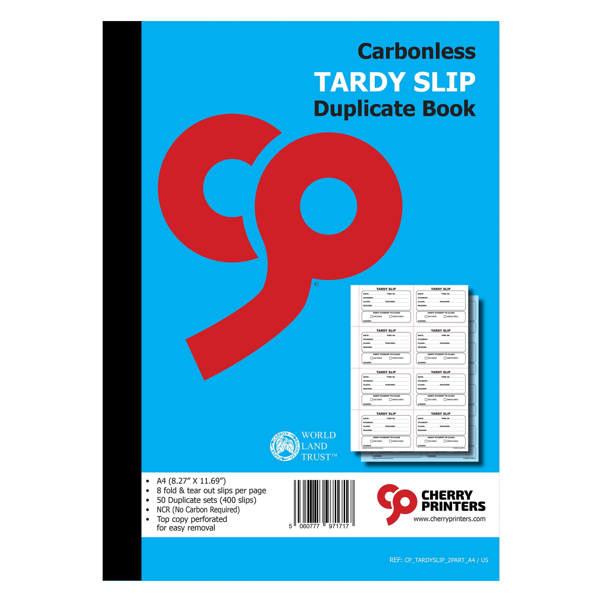 Cherry Printers Tardy Slip Fold and Tear 2 part Carbonless 400 Slips per Book A4 8