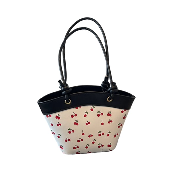 Cherry Purse Fruit Printed Bucket Tote Shoulder Bag, Cherry Leather Tote Bag, Cute Y2K Shoulder Purse for Women, Black Designer Handbag with Top Handle, Fruit Print Clutch Satchel