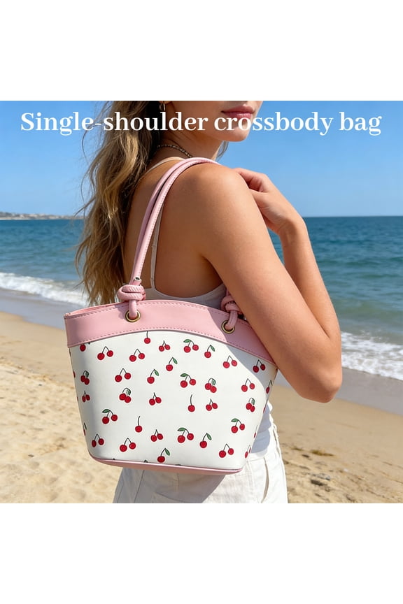Cherry Purse Fruit Printed Bucket Tote Shoulder Bag, Cherry Leather Tote Bag, Cute Y2K Shoulder Purse for Women, Pink Designer Handbag with Top Handle, Fruit Print Clutch Satchel