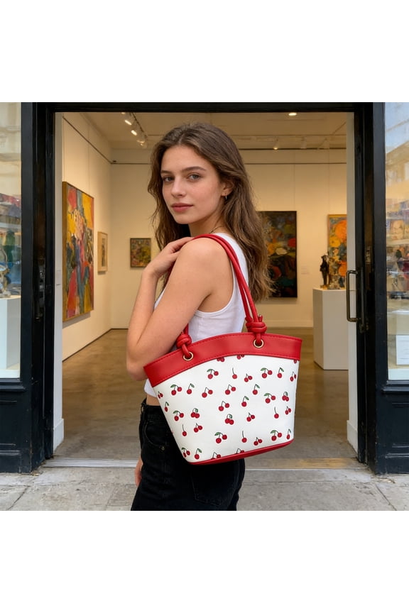 Cherry Purse Fruit Printed Bucket Tote Shoulder Bag, Cherry Leather Tote Bag, Cute Y2K Shoulder Purse for Women, Red Designer Handbag with Top Handle, Fruit Print Clutch Satchel
