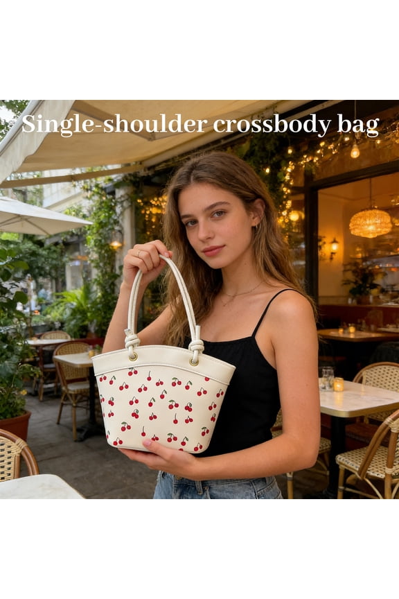 Cherry Purse Fruit Printed Bucket Tote Shoulder Bag, Cherry Leather Tote Bag, Cute Y2K Shoulder Purse for Women, White Designer Handbag with Top Handle, Fruit Print Clutch Satchel