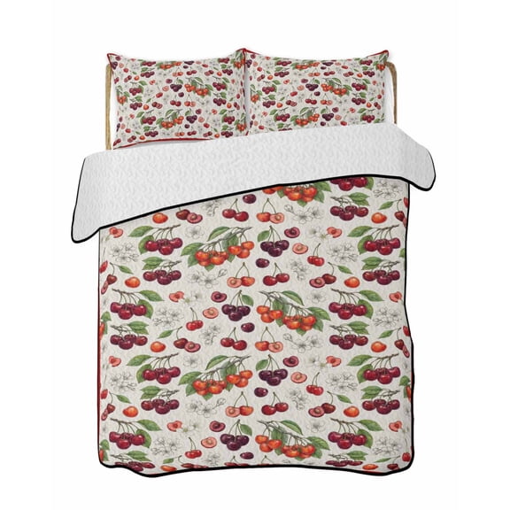 Cherry Quilts Bedding Set California King Retro Pink Red Cherry White Floral Beige Texture Lightweight Quilted Bedspread 3 Piece Bed Quilt with 2 Pillow Shams All Season for Bedroom 96" x 106"