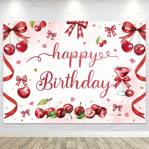 Cherry Red Bow Happy Birthday Beautiful Backdrop Birthday Backdrop for Girls Photography Background Decoration Colorful Modern Beautiful Fabric Photo Shoot Studio Props