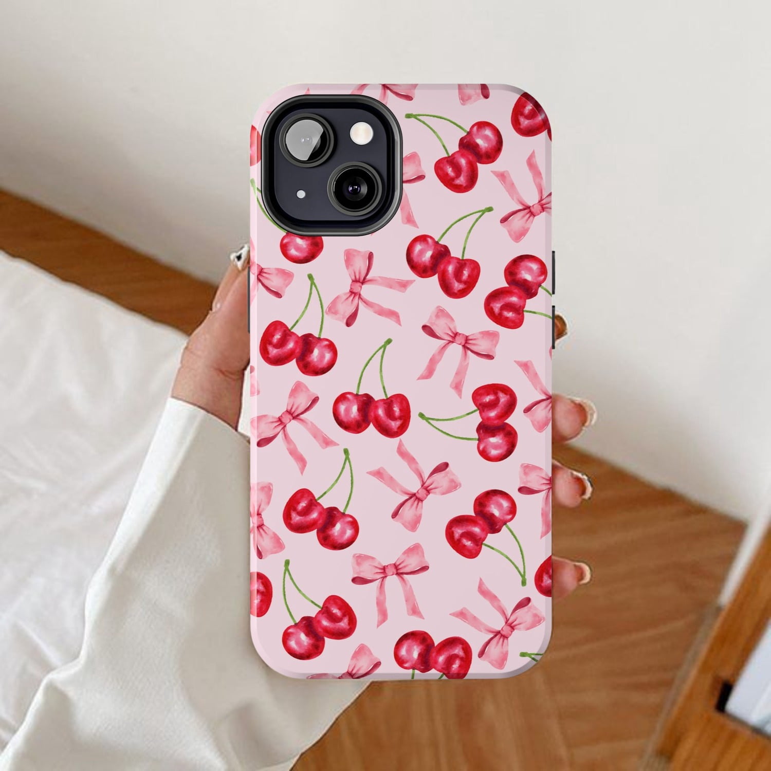 Shell With Ribbon Cherry Red Cherries and Pink Ribbon Bows Tough iPhone Case ...