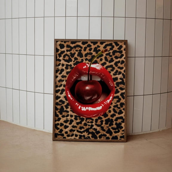 Cherry Red Lips Leopard Pop Art Chic Funky Cheetah Wall Decor, Stretched Canvas 12x16in