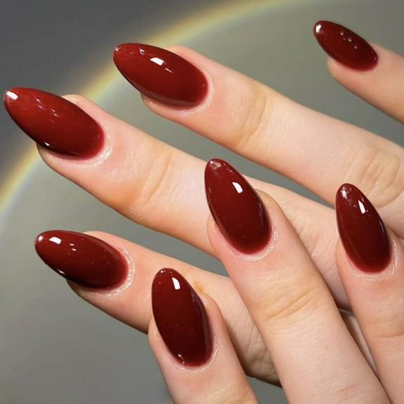 Cherry Red Press on Nails Medium Almond, Handmade Jelly Soft Gel Dark Red Glue on Nails Stiletto, Burgundy Emo Fake Nails Short Oval, Reusable Acrylic Stick on False Nails Kit for Women