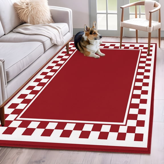 Cherry Red Square 2.7x5 Hallway Washable Runner Rug Graphic Retro Red White Checkered Border Low-Profile Area Rugs Non Slip Backing Indoor Floor Carpet for Entrance Living Room Bedroom Home Office