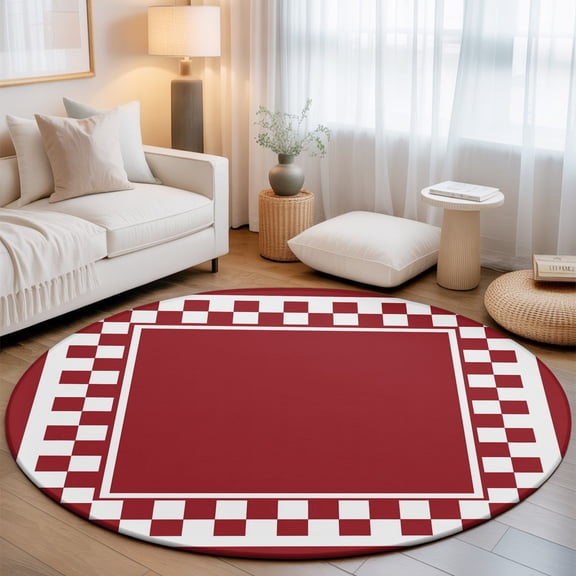 Cherry Red Square 7' Round Rug for Living Room Conversation Area, Graphic Retro Red White Checkered Border Washable Non Slip Large Circle Area Rug