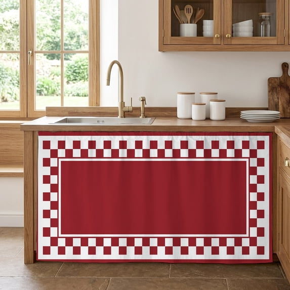 Cherry Red Square Cabinet Curtains for Kitchen 32"W x 55"L, Graphic Retro Red White Checkered Border Pantry Curtain Skirt Magic Tape Short Curtains Decor Privacy Panel for Utility Closet Bathroom