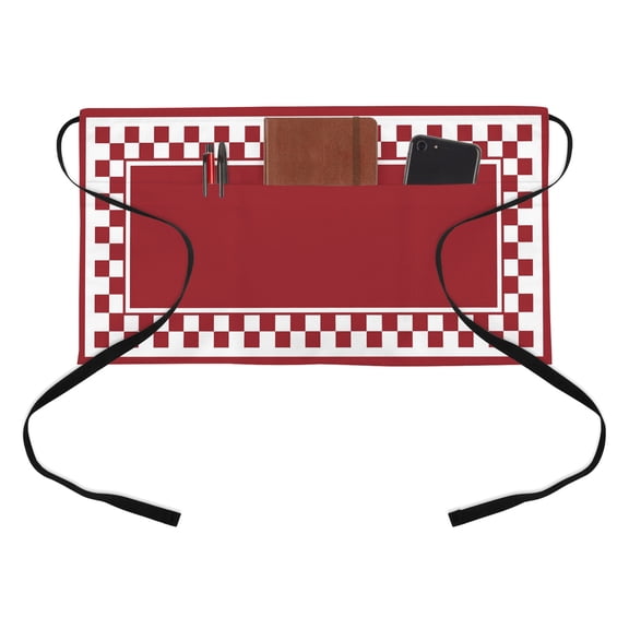 Cherry Red Square Kitchen Restaurant Half Waist Apron, Graphic Retro Red White Checkered Border Server Short Apron with 3 Pockets Waterproof Oil Waist Aprons for Women Waitress Waiter