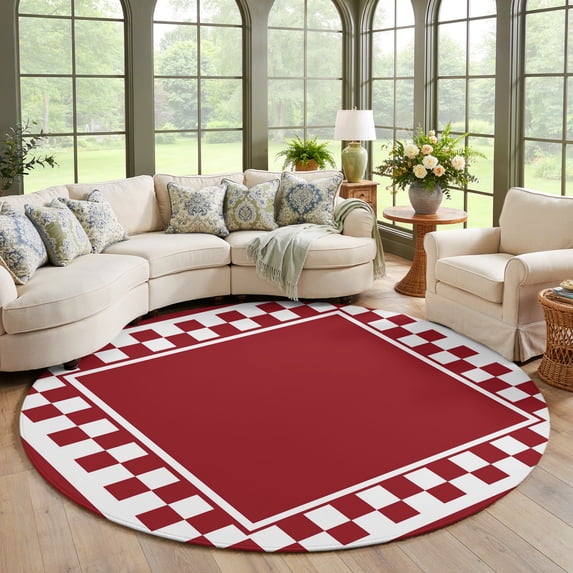 Chequerboard Border Cherry Red Square Round Area Rug Living Room 7ft, Graphic Retro Red ...