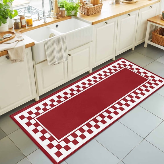 Cherry Red Square Runner Rug 2'x6' Graphic Retro Red White Checkered Border Hallway Runner Rugs Washable Non-Slip Bedside Floor Mats Carpet for Kitchen Bedroom Laundry Room Bathroom