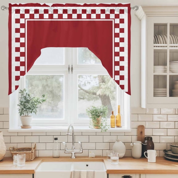 Cherry Red Square Swag Valance for Windows, Graphic Retro Red White Checkered Border Swag Curtains Valances for Small Window Treatment Rod Pocket for Kitchen Bathroom 1 Panel 56x36in
