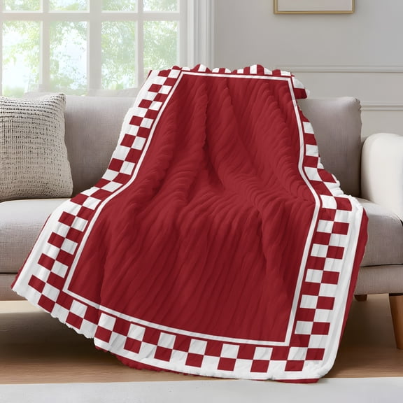 Cherry Red Square Throw Blanket for Couch Graphic Retro Red White Checkered Border Soft and Warm Flannel 3D Striped Fluffy Fuzzy Fleece Blanket Lightweight Throw for Bed, Sofa 30 x 40 Inches