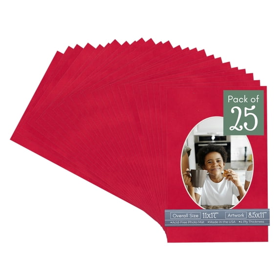 Cherry Red Suede Picture Frame Mat for 11x17 Frames - Oval Opening for 8.5x11 Photos - 25 Mats