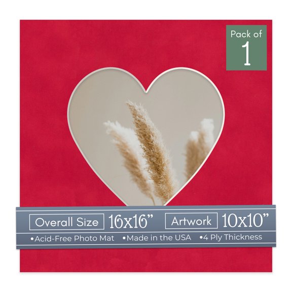 Cherry Red Suede Picture Frame Mat for 16x16 Frames - Heart Opening for 10x10 Photos - 1 Mat