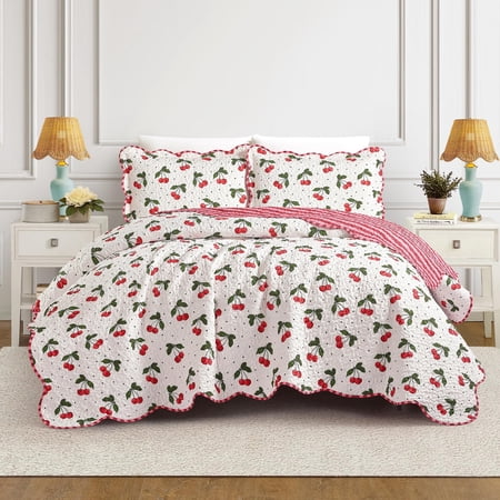 Cherry Reversible Scalloped 3-Piece Quilt Set - All Ages, Twin/Twin XL