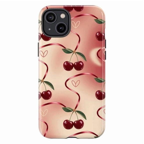 Cherry Ribbon Aesthetic Phone Case, Cute Red Fruit Design iPhone Cover with Heart Pattern, Soft Glossy Romantic Style for iPhone 17 16 15 14 13 12 11 Pro Plus Mini