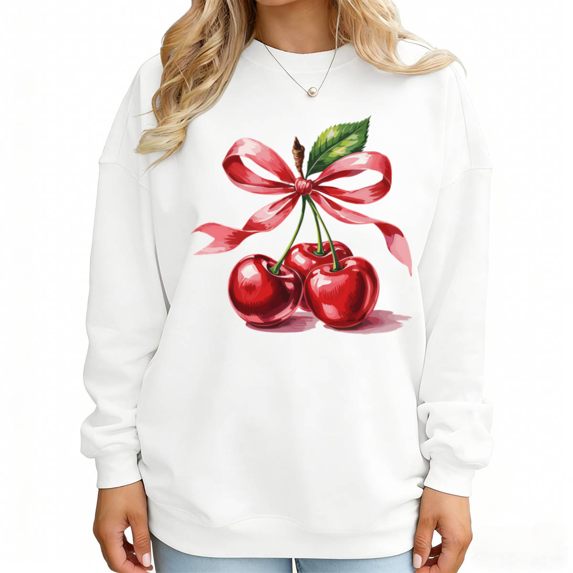 Cherry Ribbon Print Sweatshirt Graphic Sweatshirt Women Cottagecore Outfit White S 3XL Tops