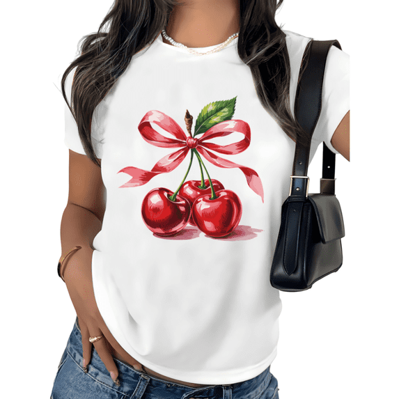 Cherry Ribbon Print Tshirt Graphic Tees Shirts Women Spring Festival Casual White S 5XL Tops