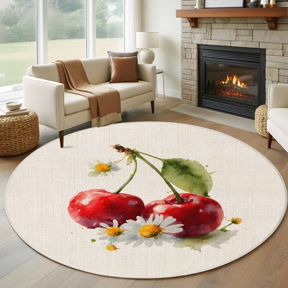 Cherry Round Living Room Rugs 7 ft, Oil Painting Fruit Farmhouse Daisy Linen Texture Washable Area Rug with Non-Slip Sturdy Edge Binding Round Carpet for Kitchen Office Bedroom