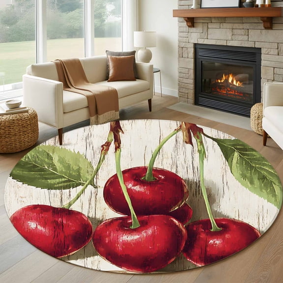 Cherry Round Rugs for Living Room 6ft Fruit Watercolor Vintage Wood Texture Non Slip Circle Rug Washable Low-Profile Indoor Carpet for Bedroom, Dining Room, Bathroom