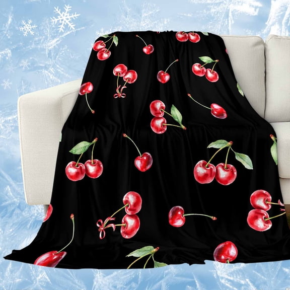 Cherry Rustic Cooling Blanket, Lightweight Breathable Summer Throw Blanket with Double Sided Cold Effect, Spring Summer Tropic Fruit Black Picnic Beach Blankets Bed Sheet for Hot Sleepers 60"x80"
