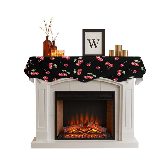 Cherry Rustic Fireplace Mantel Scarf, Spring Summer Tropic Fruit Black Mantel Cover Table Runner, Fireplace Top Dresser Scarves for Party Holiday Living Room Home Decoration 60x17 Inch