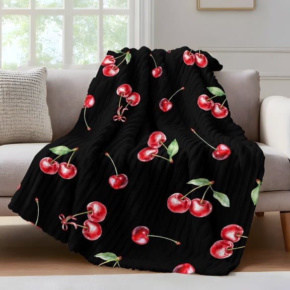 Cherry Rustic Fleece Throw Blanket for Couch, Spring Summer Tropic Fruit Black Microfiber Flannel Blanket for All Season, Lightweight Soft Throw Blankets for Baby, Kids, Pets, 30"x40"