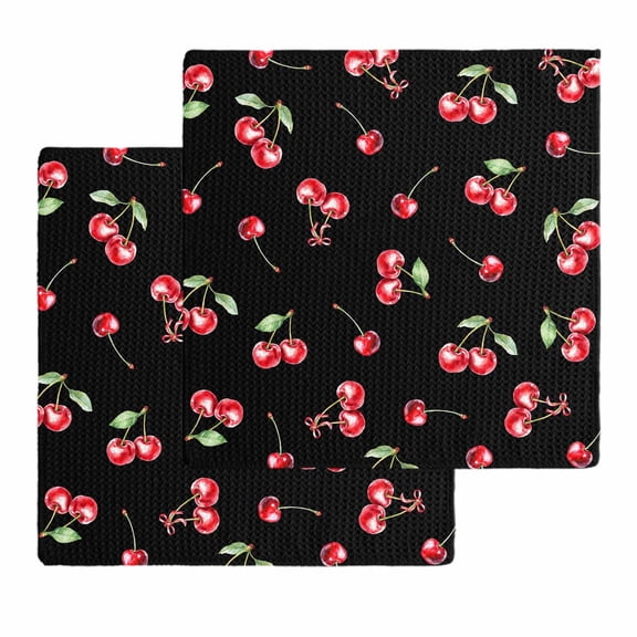 Cherry Rustic Kitchen Dish Towels for Drying Dishes Set of 2, Spring Summer Tropic Fruit Black Waffle Weave Microfiber Hand Tea Bathroom Towels Quick Dry & Absorbent Towel 12x12