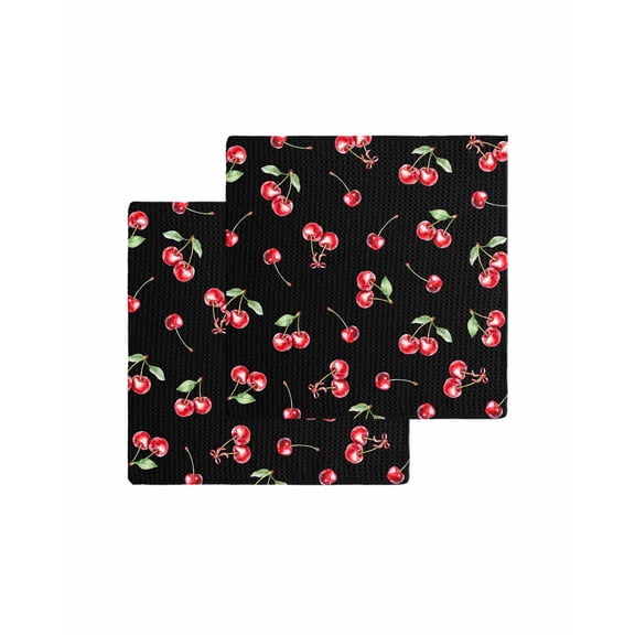 Cherry Rustic Kitchen Dish Towels for Drying Dishes Set of 2, Spring Summer Tropic Fruit Black Waffle Weave Microfiber Terry Hand Tea Bathroom Towels Quick Dry & Absorbent Towel 12x12