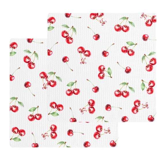 Cherry Rustic Kitchen Dish Towels for Drying Dishes Set of 2, Spring Summer Tropic Fruit Watercolor Waffle Weave Microfiber Hand Tea Bathroom Towels Quick Dry & Absorbent Towel 12x12